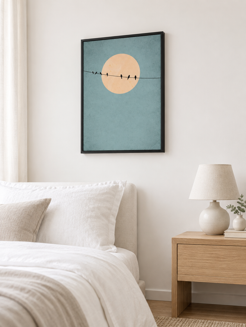 Cuadros minimalistas con marco flotante en dormitorio nórdico