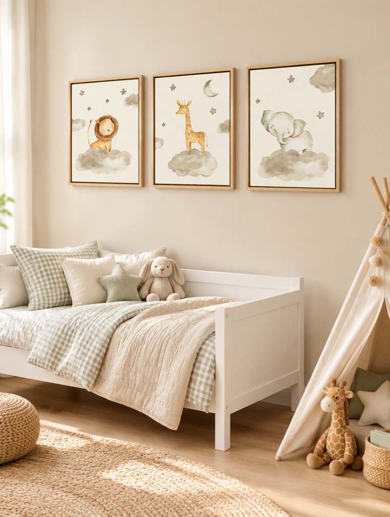Cuadros infantiles con marco flotante en habitación de niños