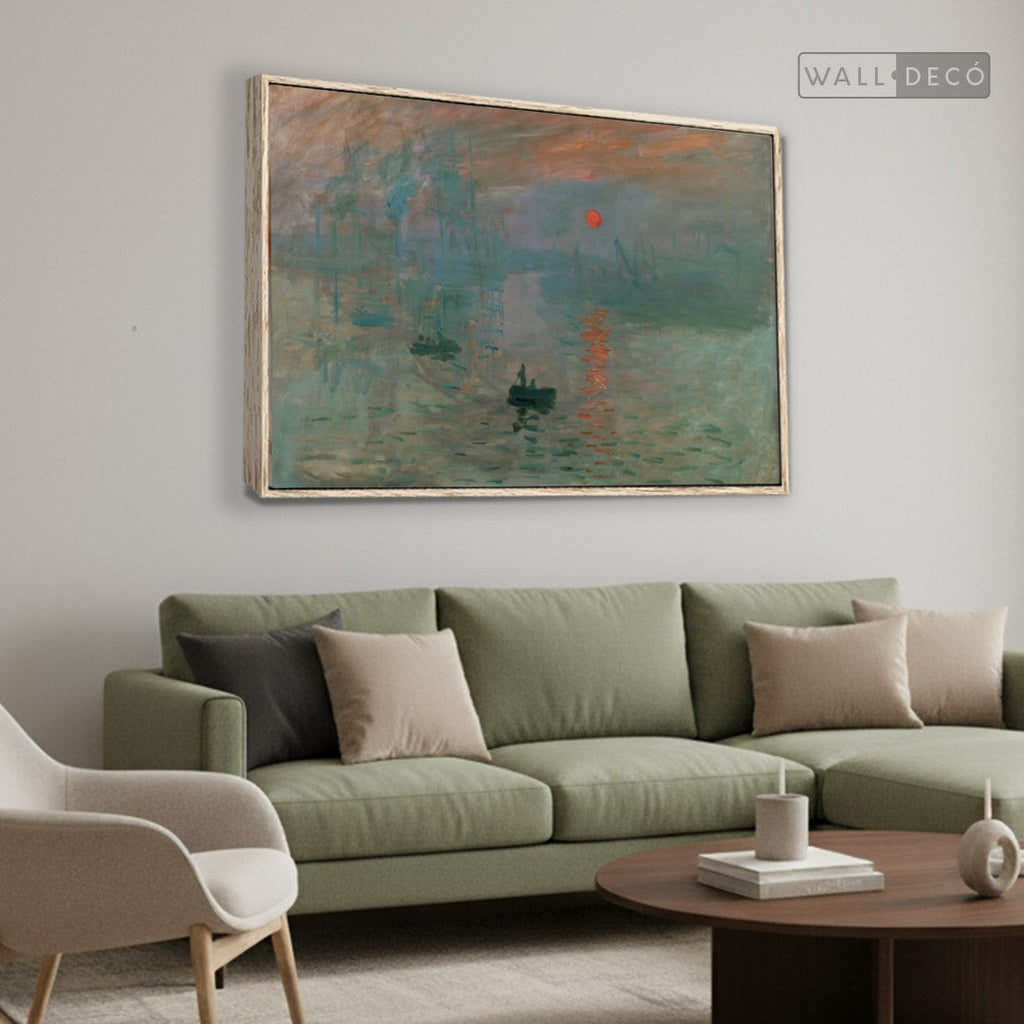 Cuadro Arte Clásico Impresión, Sol Naciente – Monet con marco madera vintage en sala