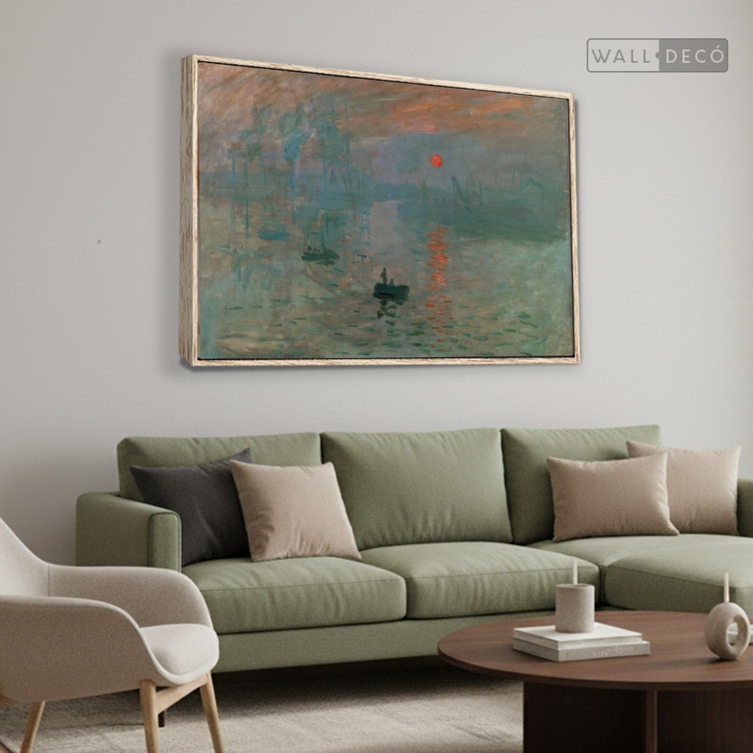 Cuadro Arte Clásico Impresión, Sol Naciente – Monet con marco madera vintage en sala