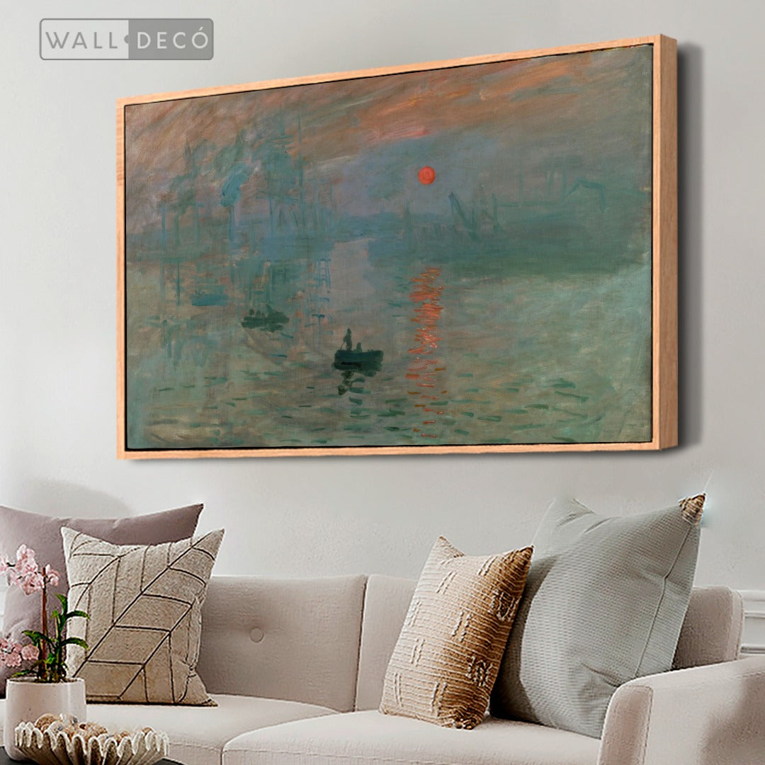 Cuadro Arte Clásico Impresión, Sol Naciente – Monet con marco madera natural en sala