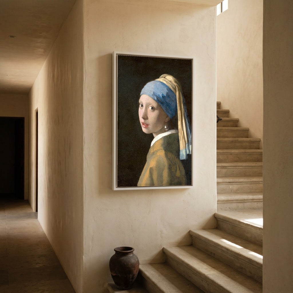 Cuadro Arte Clásico La Joven de la Perla – Vermeer con marco blanco mate en pasillo con escalera