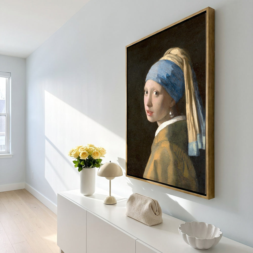 Cuadro Arte Clásico La Joven de la Perla – Vermeer con marco dorado en recibidor
