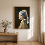 Cuadro Arte Clásico La Joven de la Perla – Vermeer con marco madera natural en sala