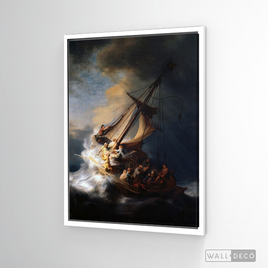 Cuadro Arte Clásico La Tormenta en el Mar de Galilea – Rembrandt con marco flotante blanco mate