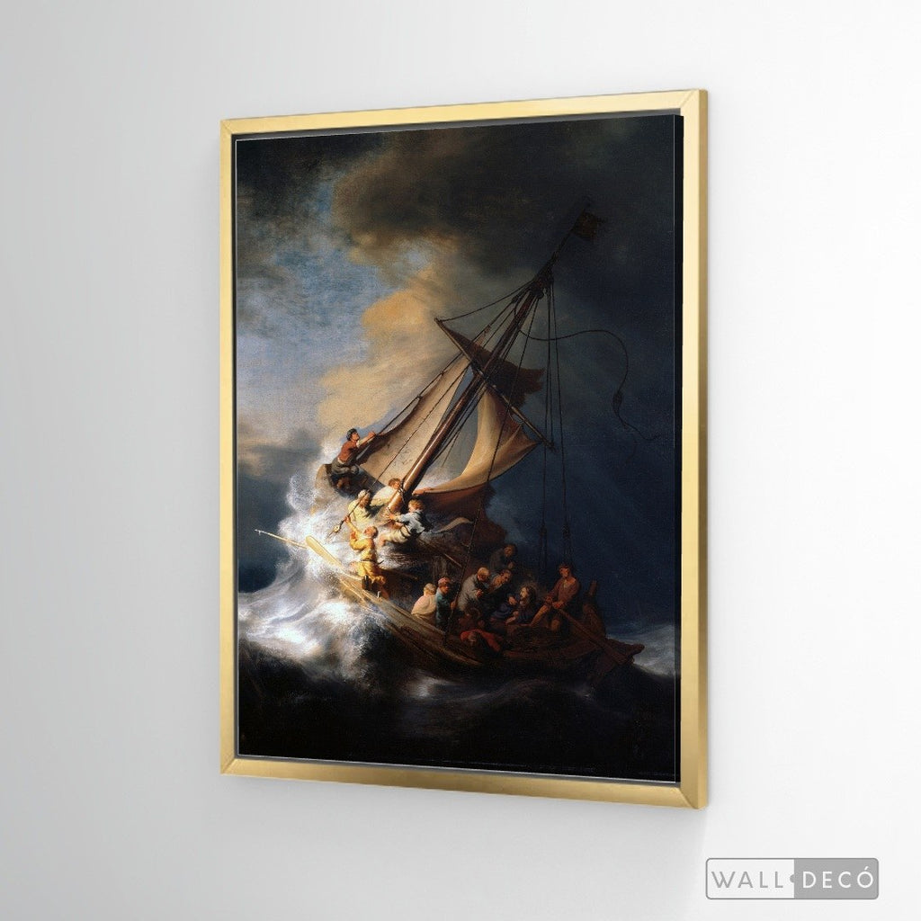 Cuadro Arte Clásico La Tormenta en el Mar de Galilea – Rembrandt con marco flotante dorado