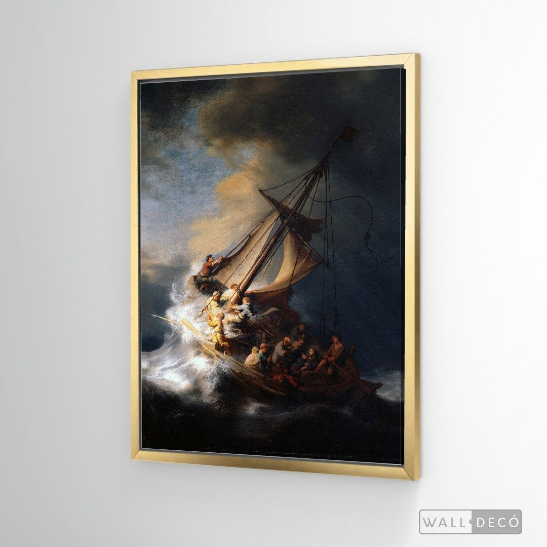 Cuadro Arte Clásico La Tormenta en el Mar de Galilea – Rembrandt con marco flotante dorado
