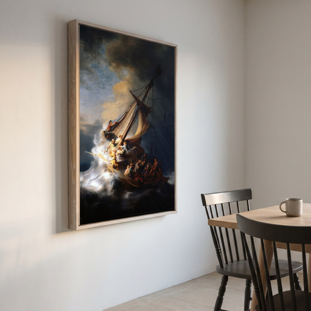 Cuadro Arte Clásico La Tormenta en el Mar de Galilea – Rembrandt con marco madera vintage en comedor