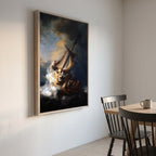 Cuadro Arte Clásico La Tormenta en el Mar de Galilea – Rembrandt con marco madera vintage en comedor