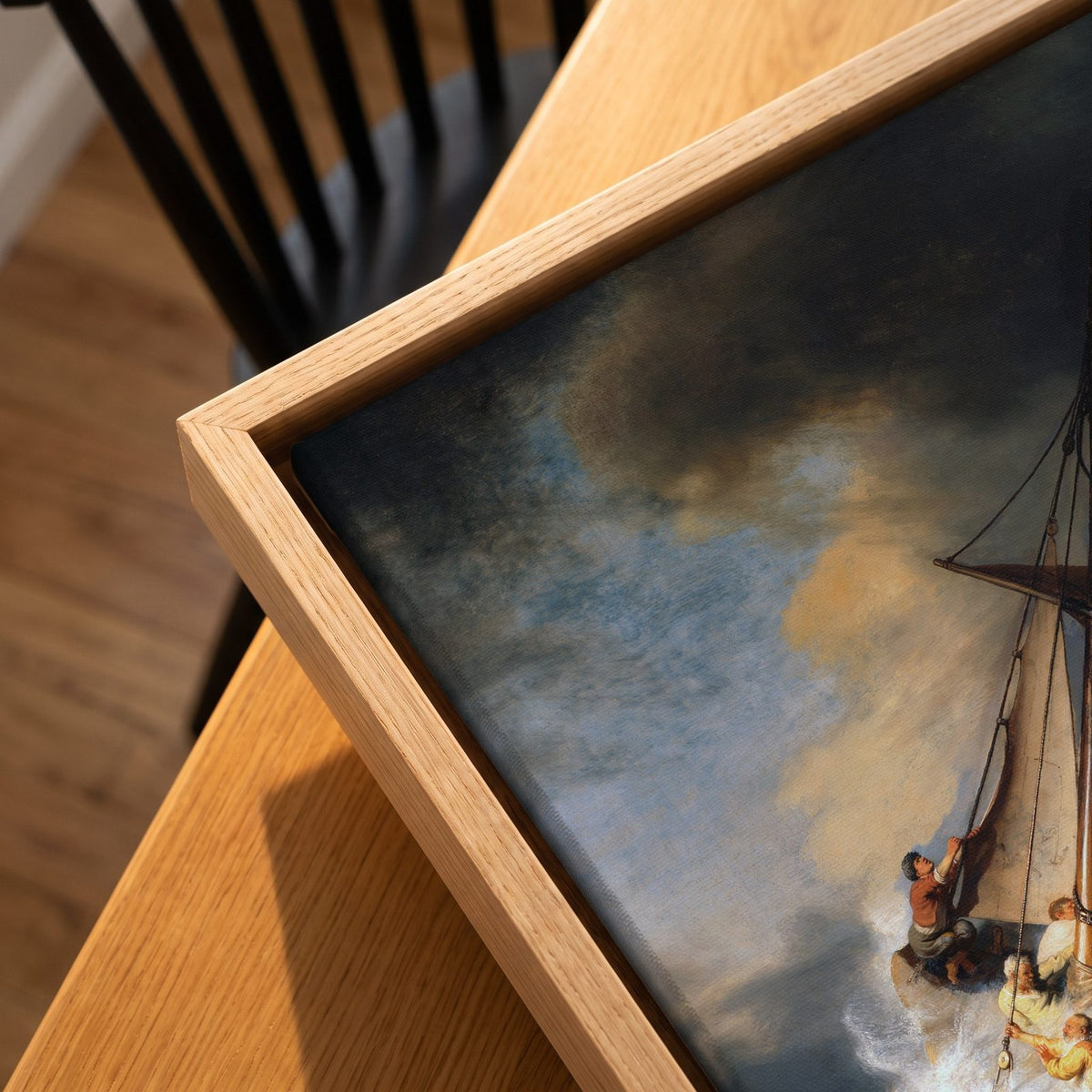 Cuadro Arte Clásico La Tormenta en el Mar de Galilea – Rembrandt, detalle de la textura del lienzo y el marco