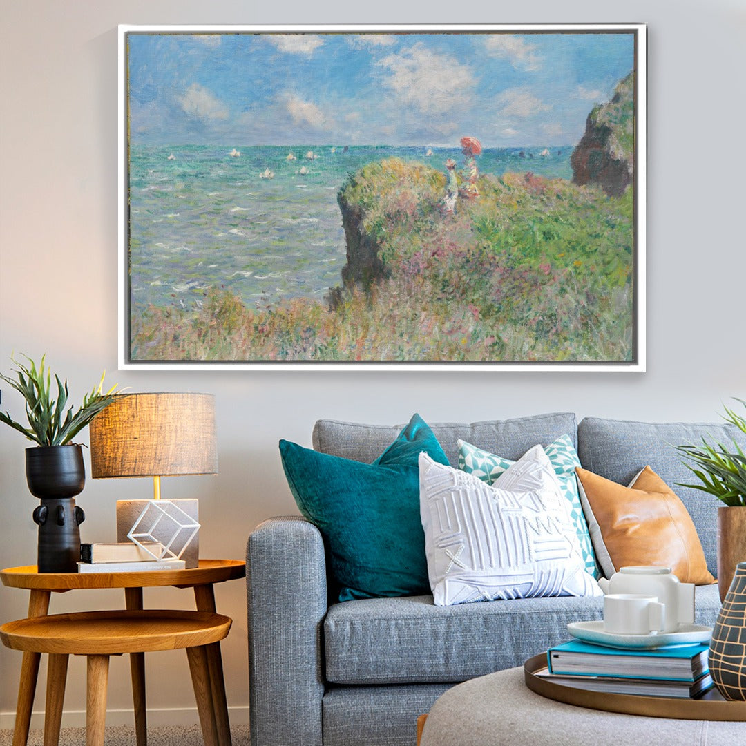 Cuadro Arte Clásico Acantilado en Pourville – Monet con marco blanco mate en sala