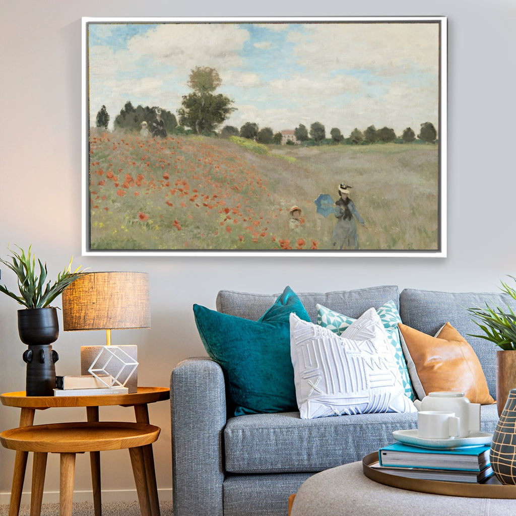 Cuadro Arte Clásico Campo de Amapolas – Monet con marco blanco mate en sala