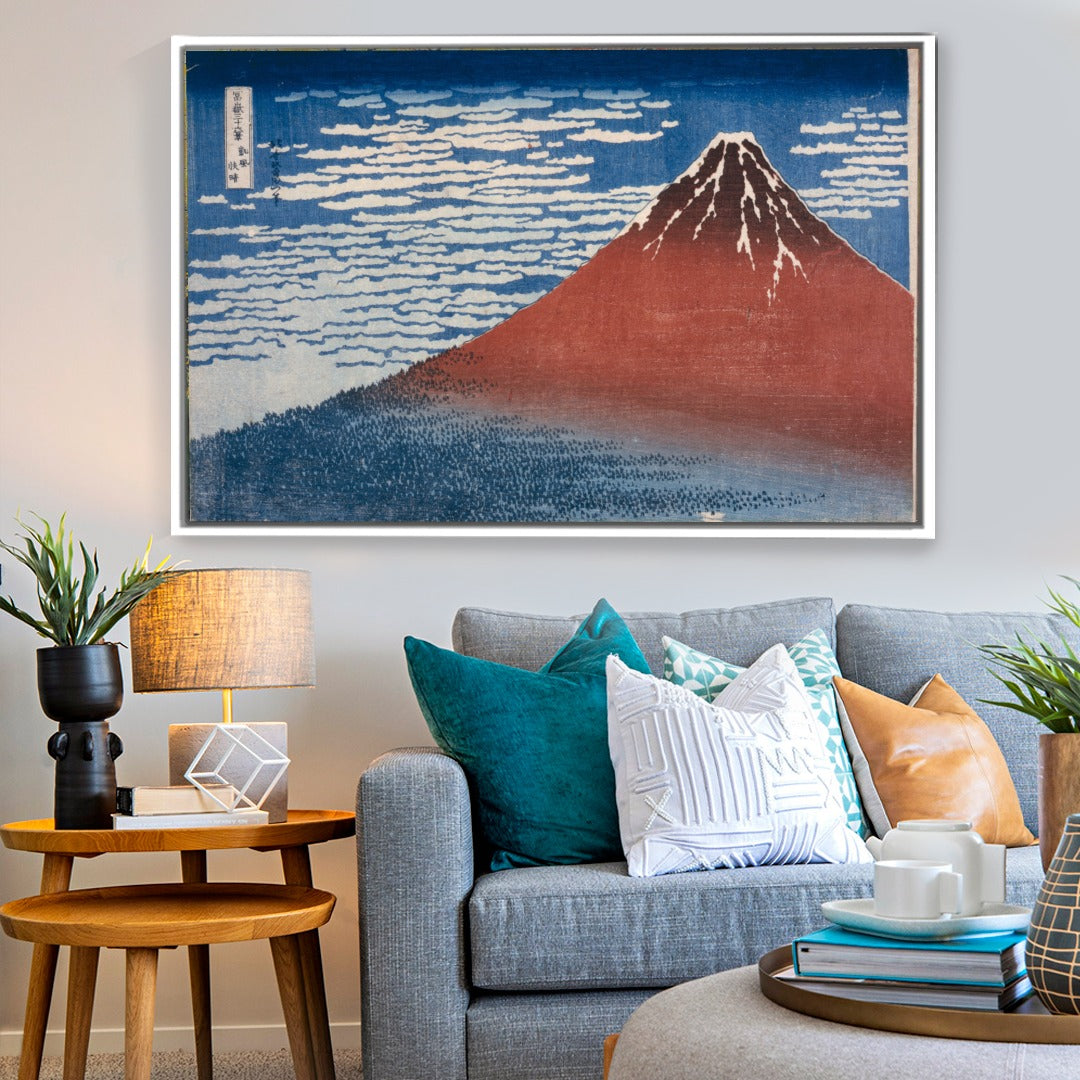 Cuadro Arte Clásico Fuji Rojo – Hokusai con marco blanco mate en sala