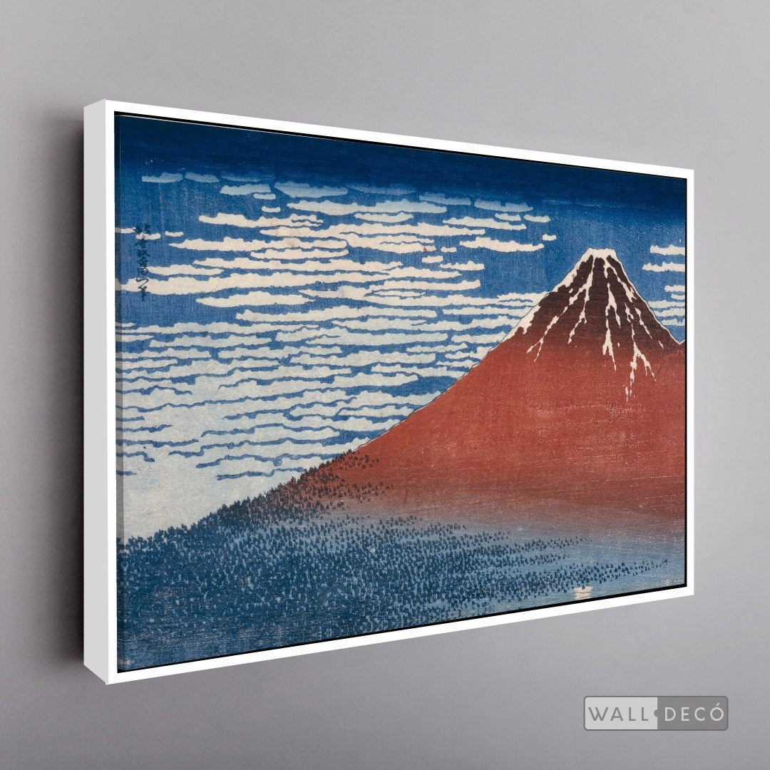 Cuadro Arte Clásico Fuji Rojo – Hokusai con marco flotante blanco mate