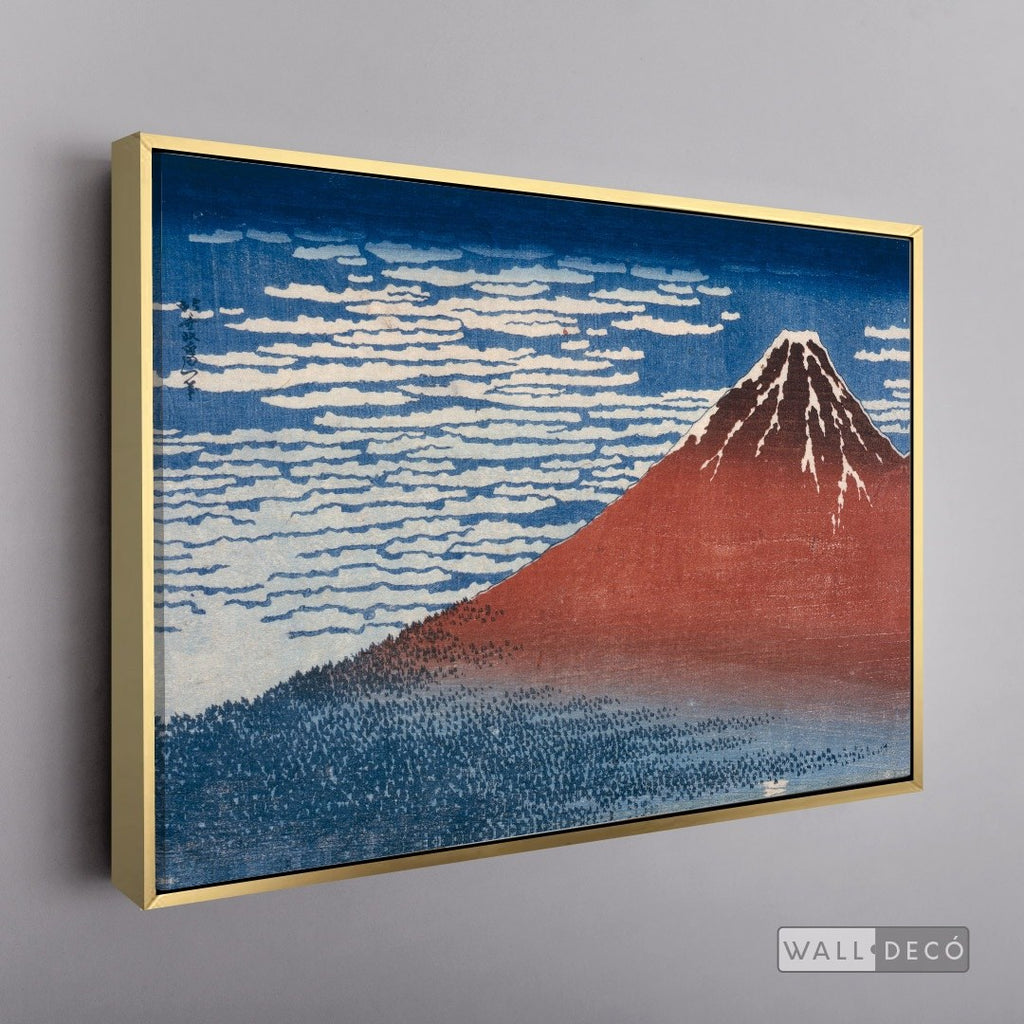 Cuadro Arte Clásico Fuji Rojo – Hokusai con marco flotante dorado