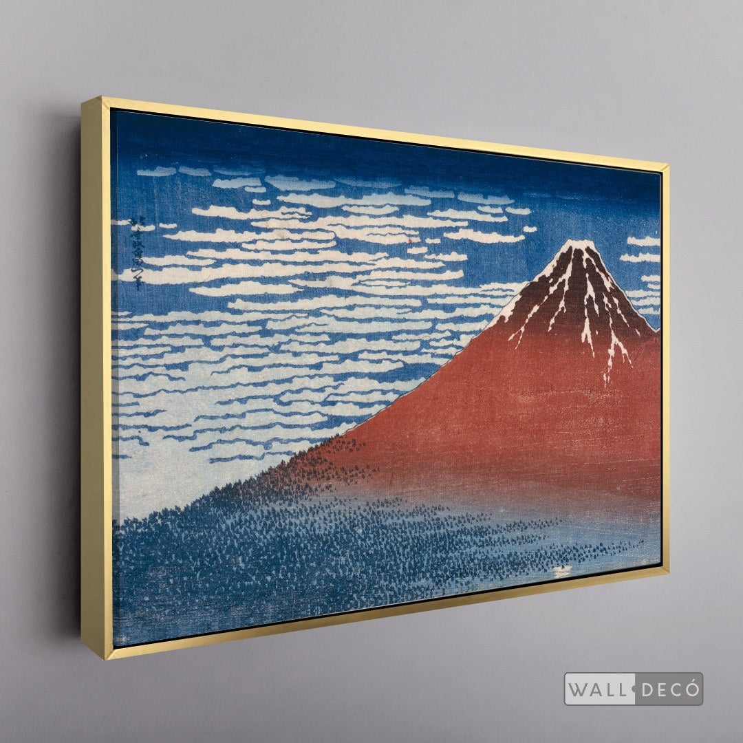 Cuadro Arte Clásico Fuji Rojo – Hokusai con marco flotante dorado
