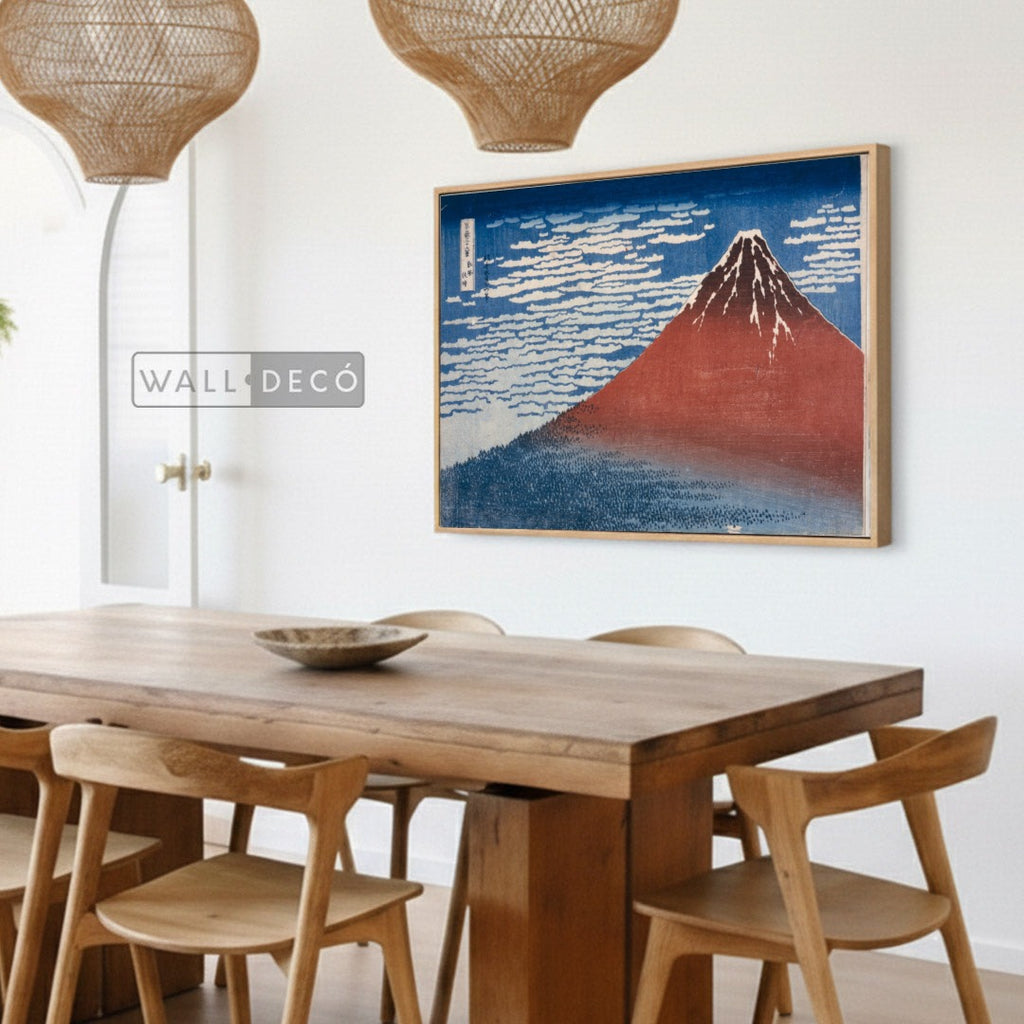 Cuadro Arte Clásico Fuji Rojo – Hokusai con marco madera natural en comedor