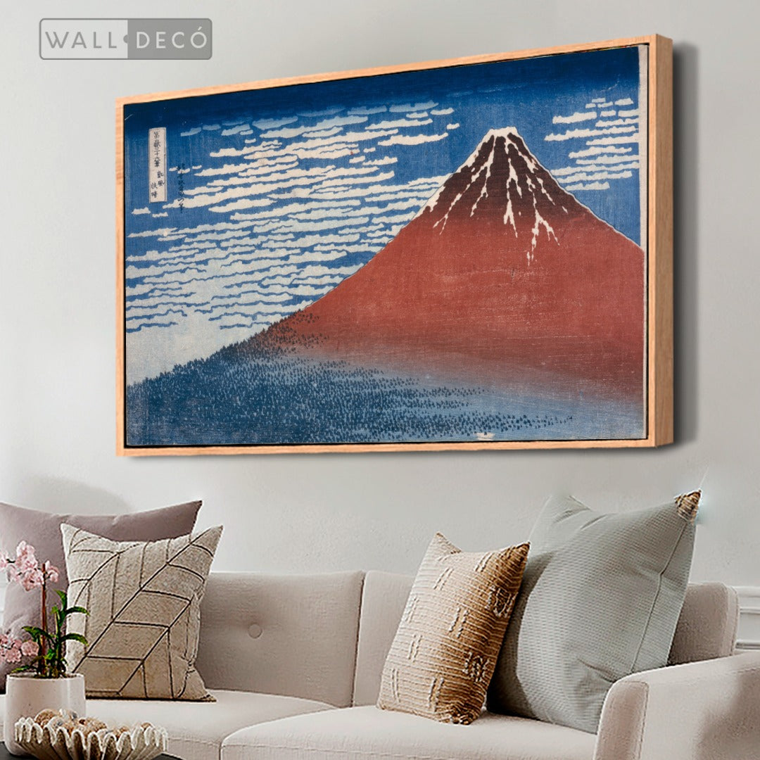Cuadro Arte Clásico Fuji Rojo – Hokusai con marco madera natural en sala