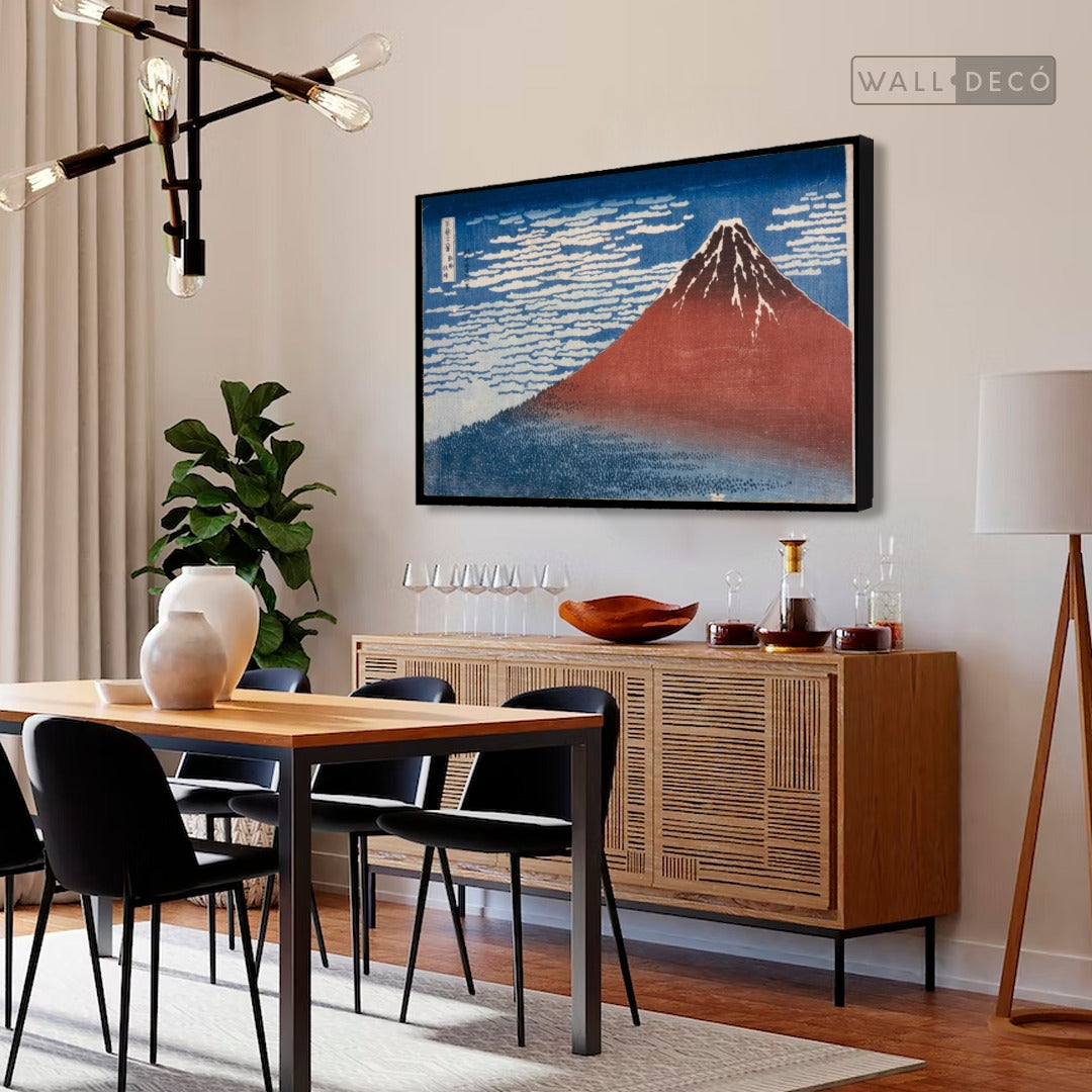 Cuadro Arte Clásico Fuji Rojo – Hokusai con marco negro mate en comedor