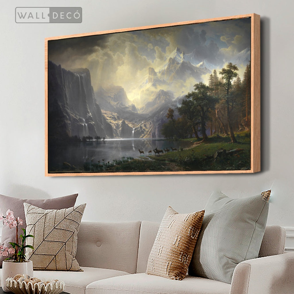 Cuadro Arte Clásico Sierra Nevada – Bierstadt con marco madera natural en sala