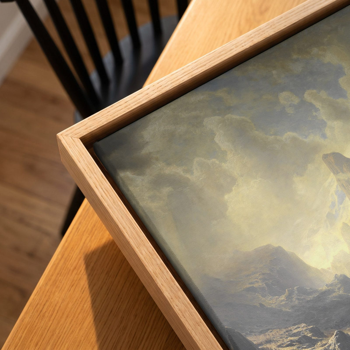 Cuadro Arte Clásico Sierra Nevada – Bierstadt, detalle de la textura del lienzo y el marco