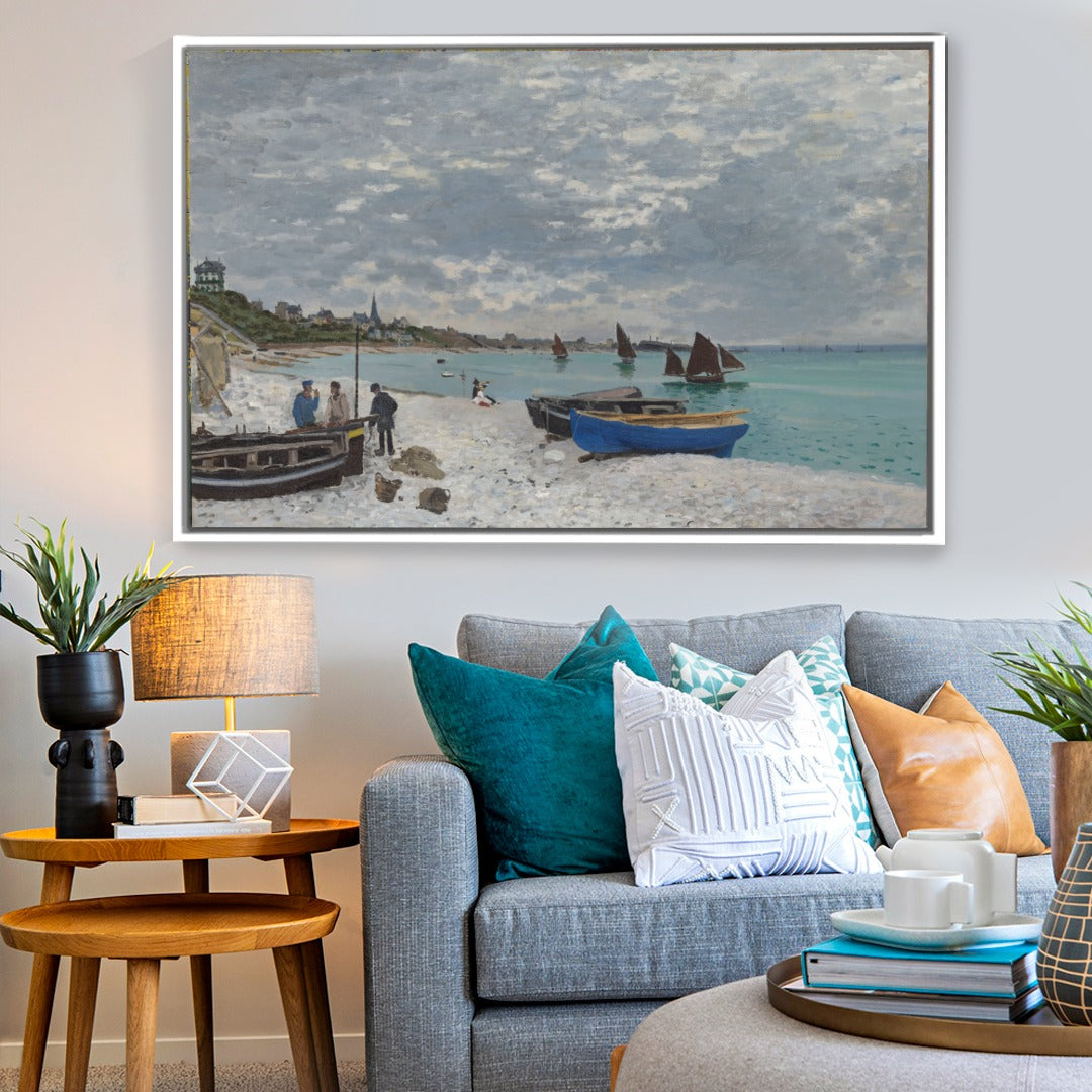 Cuadro Arte Clásico Playa de Sainte-Adresse – Monet con marco blanco mate en sala
