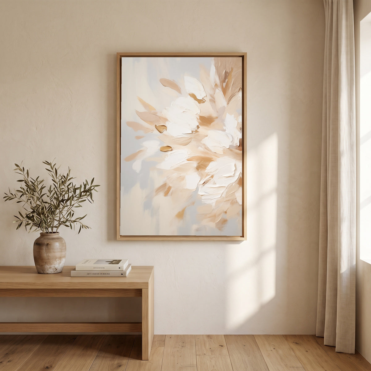 Cuadro Abstracto Minimalista Brisa Floral Vertical con marco madera natural en sala