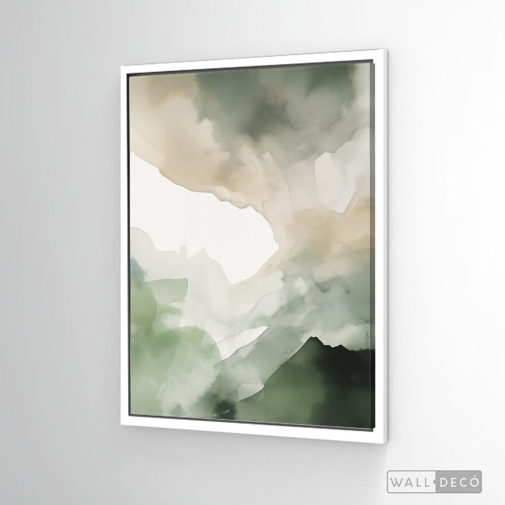 Cuadro Abstracto Minimalista Bruma Esmeralda Vertical con marco blanco mate
