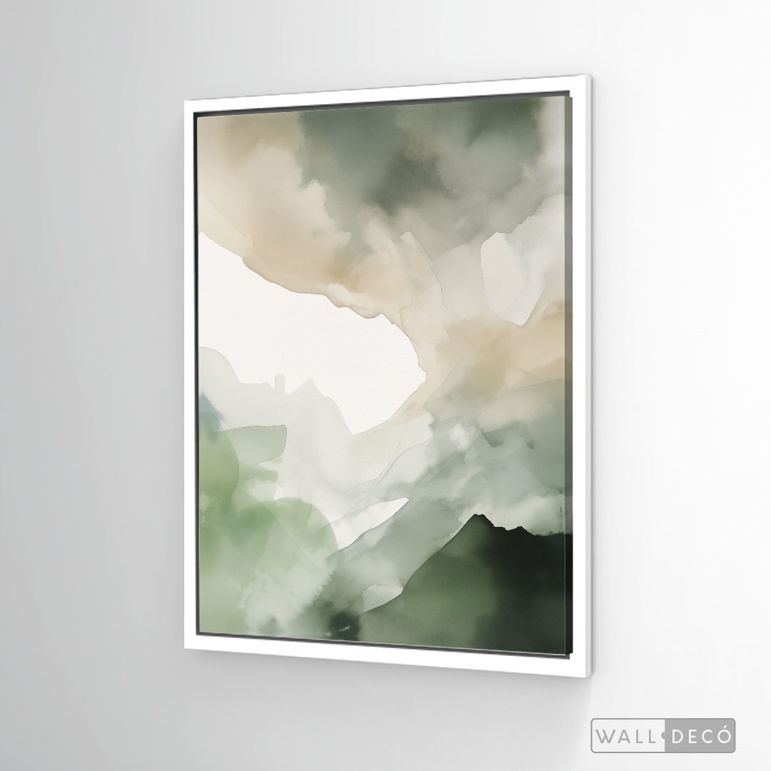Cuadro Abstracto Minimalista Bruma Esmeralda Vertical con marco blanco mate