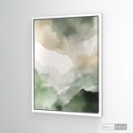 Cargar imagen en el visor de la galería, Cuadro Abstracto Minimalista Bruma Esmeralda Vertical con marco blanco mate
