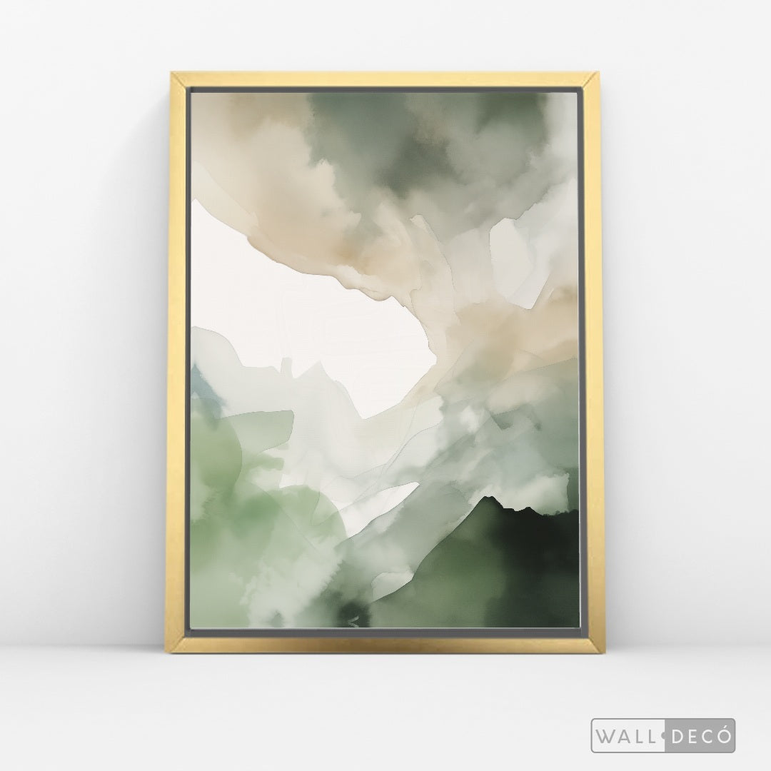 Cuadro Abstracto Minimalista Bruma Esmeralda Vertical con marco dorado - vista lateral
