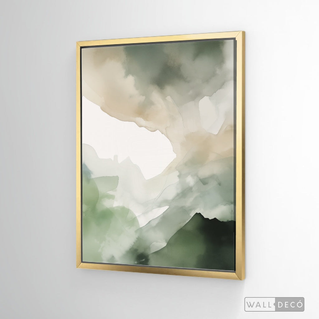 Cuadro Abstracto Minimalista Bruma Esmeralda Vertical con marco dorado
