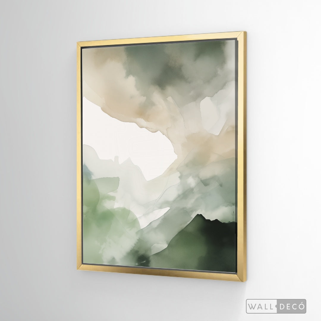 Cuadro Abstracto Minimalista Bruma Esmeralda Vertical con marco dorado