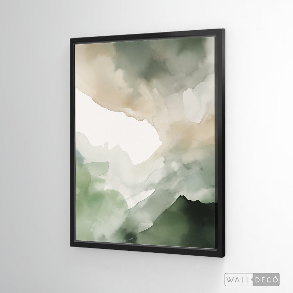Cuadro Abstracto Minimalista Bruma Esmeralda Vertical con marco negro mate