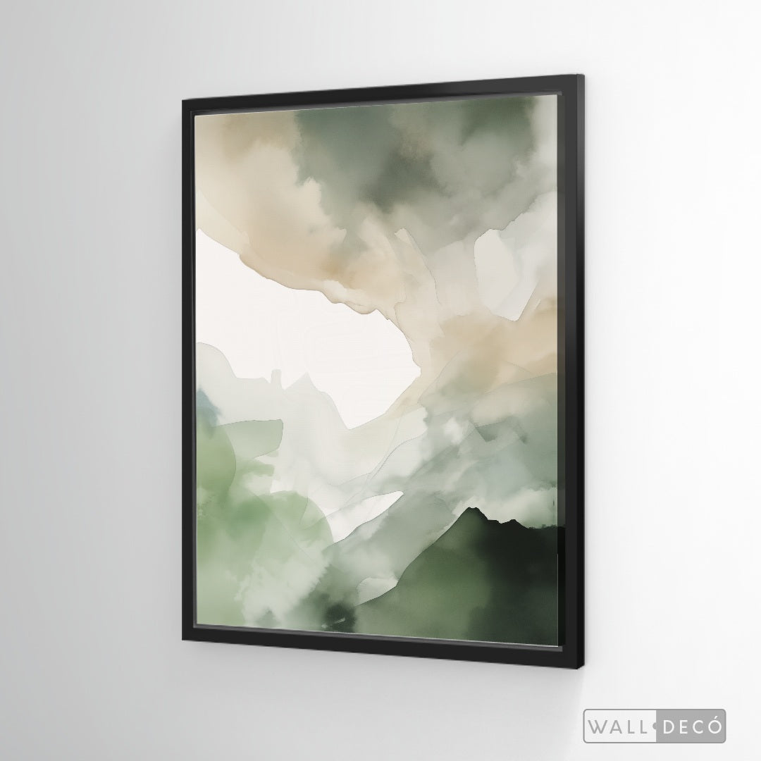 Cuadro Abstracto Minimalista Bruma Esmeralda Vertical con marco negro mate