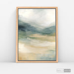 Cargar imagen en el visor de la galería, Cuadro Abstracto Minimalista Valle Sereno Vertical con marco madera natural - vista lateral
