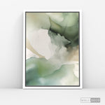 Cargar imagen en el visor de la galería, Cuadro Abstracto Minimalista Musgo y Niebla Vertical con marco blanco mate - vista lateral
