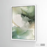 Cargar imagen en el visor de la galería, Cuadro Abstracto Minimalista Musgo y Niebla Vertical con marco blanco mate
