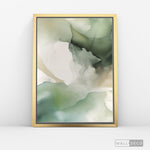 Cargar imagen en el visor de la galería, Cuadro Abstracto Minimalista Musgo y Niebla Vertical con marco dorado - vista lateral
