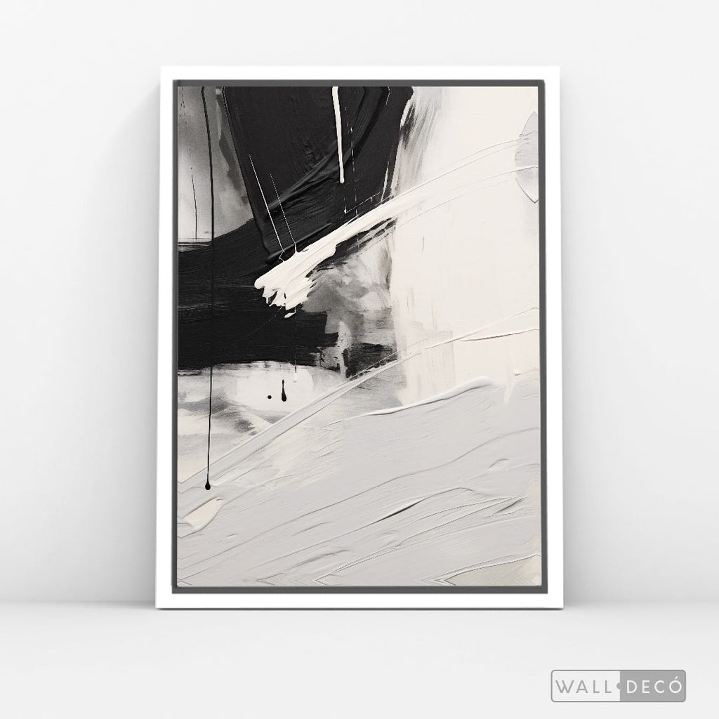 Cuadro Abstracto Minimalista Gesto Negro Vertical con marco blanco mate - vista lateral