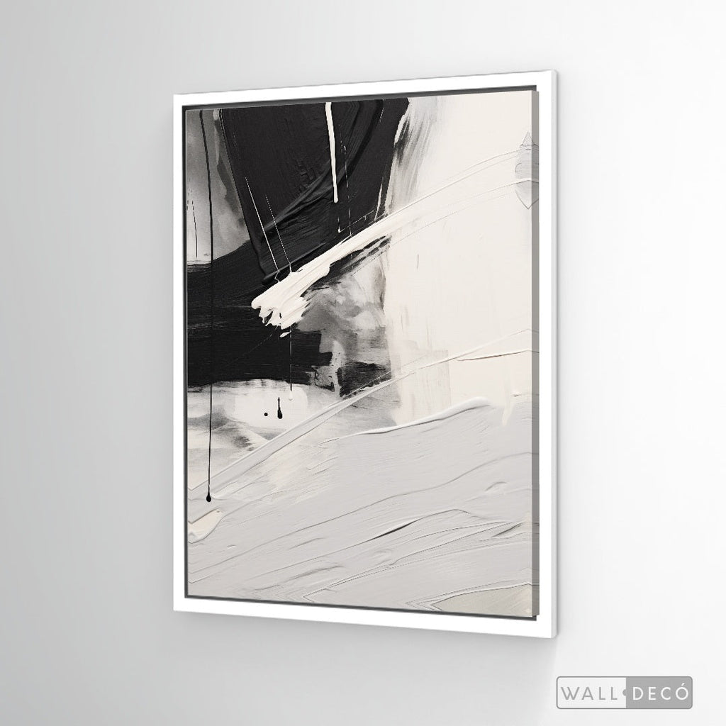 Cuadro Abstracto Minimalista Gesto Negro Vertical con marco blanco mate