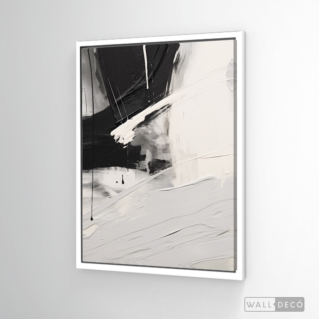 Cuadro Abstracto Minimalista Gesto Negro Vertical con marco blanco mate