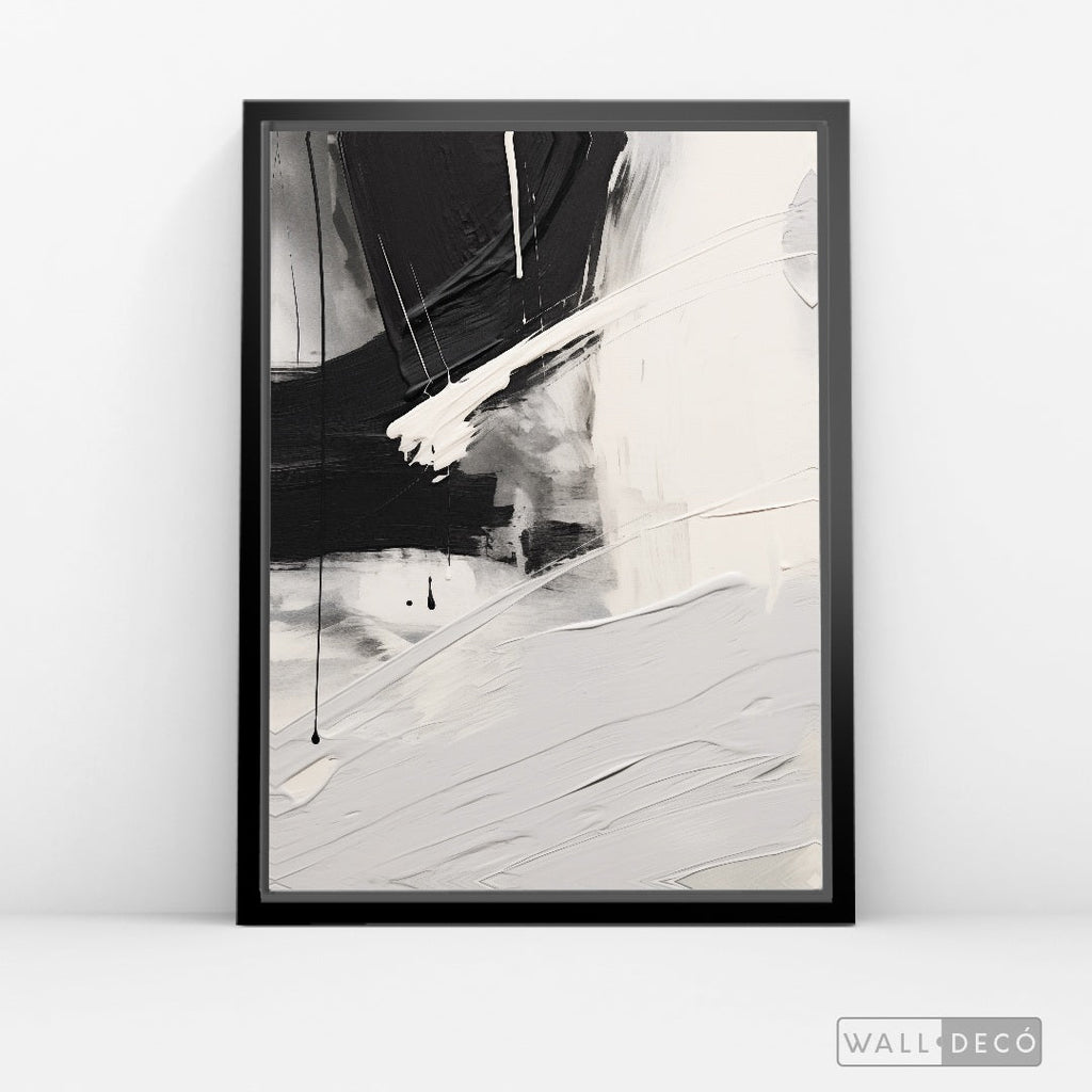 Cuadro Abstracto Minimalista Gesto Negro Vertical con marco negro mate - vista lateral