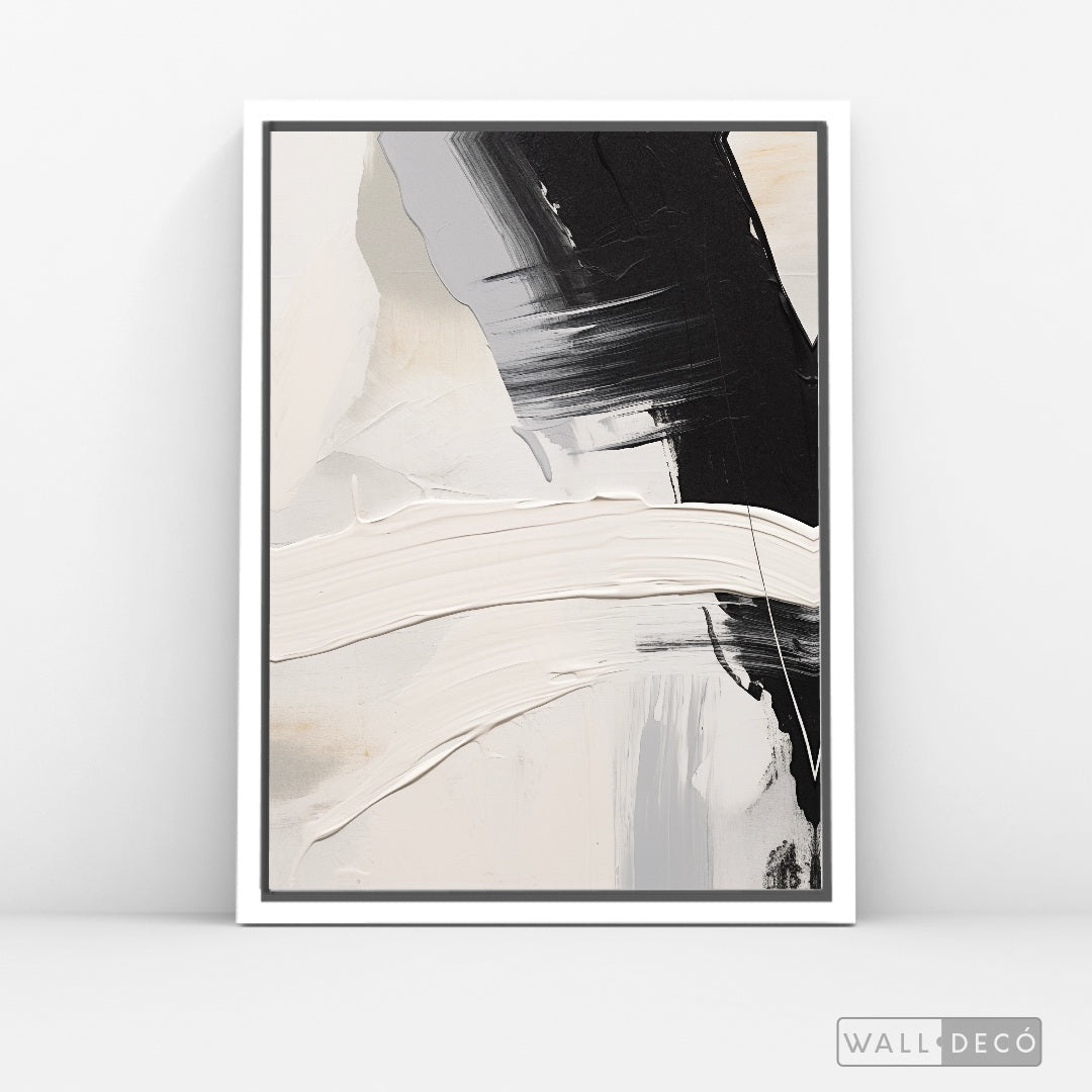 Cuadro Abstracto Minimalista Contraste Blanco Vertical con marco blanco mate - vista lateral