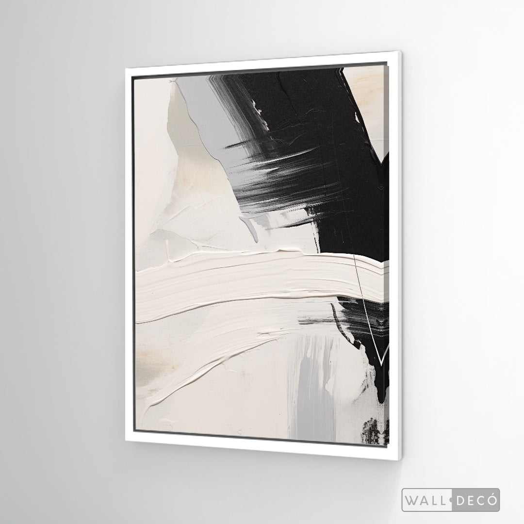 Cuadro Abstracto Minimalista Contraste Blanco Vertical con marco blanco mate