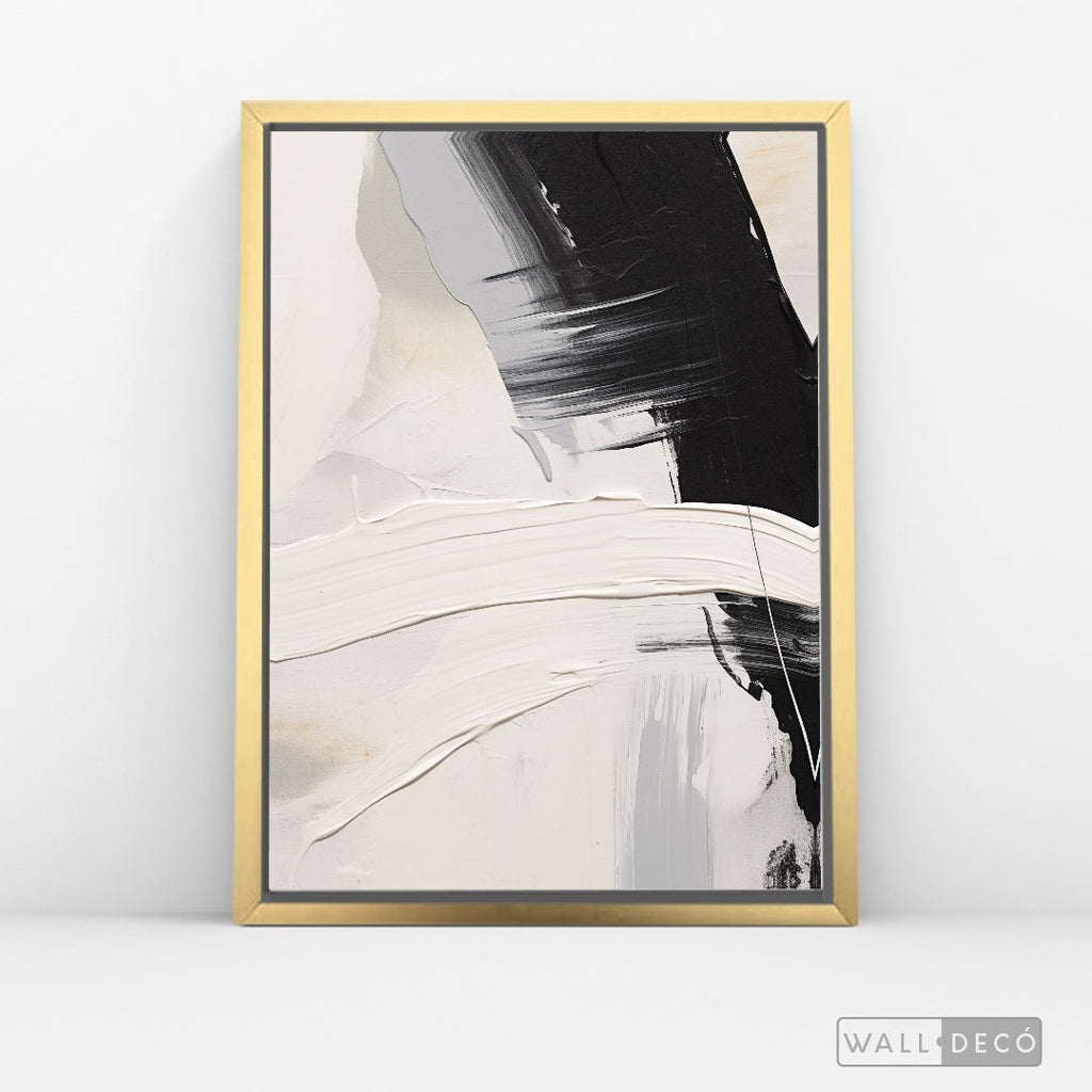Cuadro Abstracto Minimalista Contraste Blanco Vertical con marco dorado - vista lateral