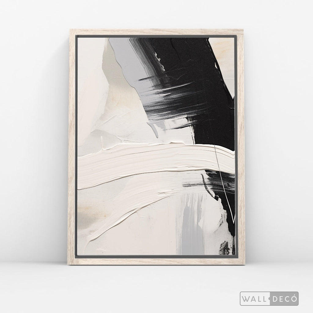 Cuadro Abstracto Minimalista Contraste Blanco Vertical con marco madera vintage - vista lateral
