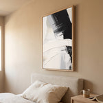 Cargar imagen en el visor de la galería, Cuadro Abstracto Minimalista Contraste Blanco Vertical con marco madera natural en dormitorio
