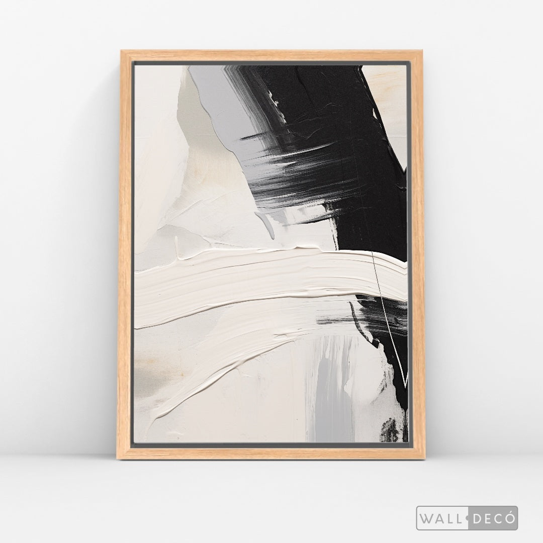 Cuadro Abstracto Minimalista Contraste Blanco Vertical con marco madera natural - vista lateral