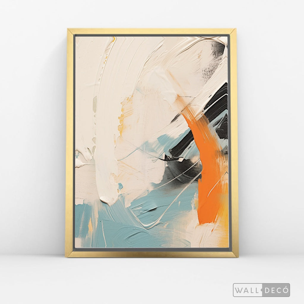 Cuadro Abstracto Minimalista Chispa Naranja Vertical con marco dorado - vista lateral